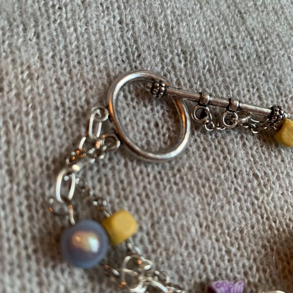 🦋 Handmade - 🌼 Recycle fabric Pompom bracelet beads chains Violet yellow - Picture 5 of 6